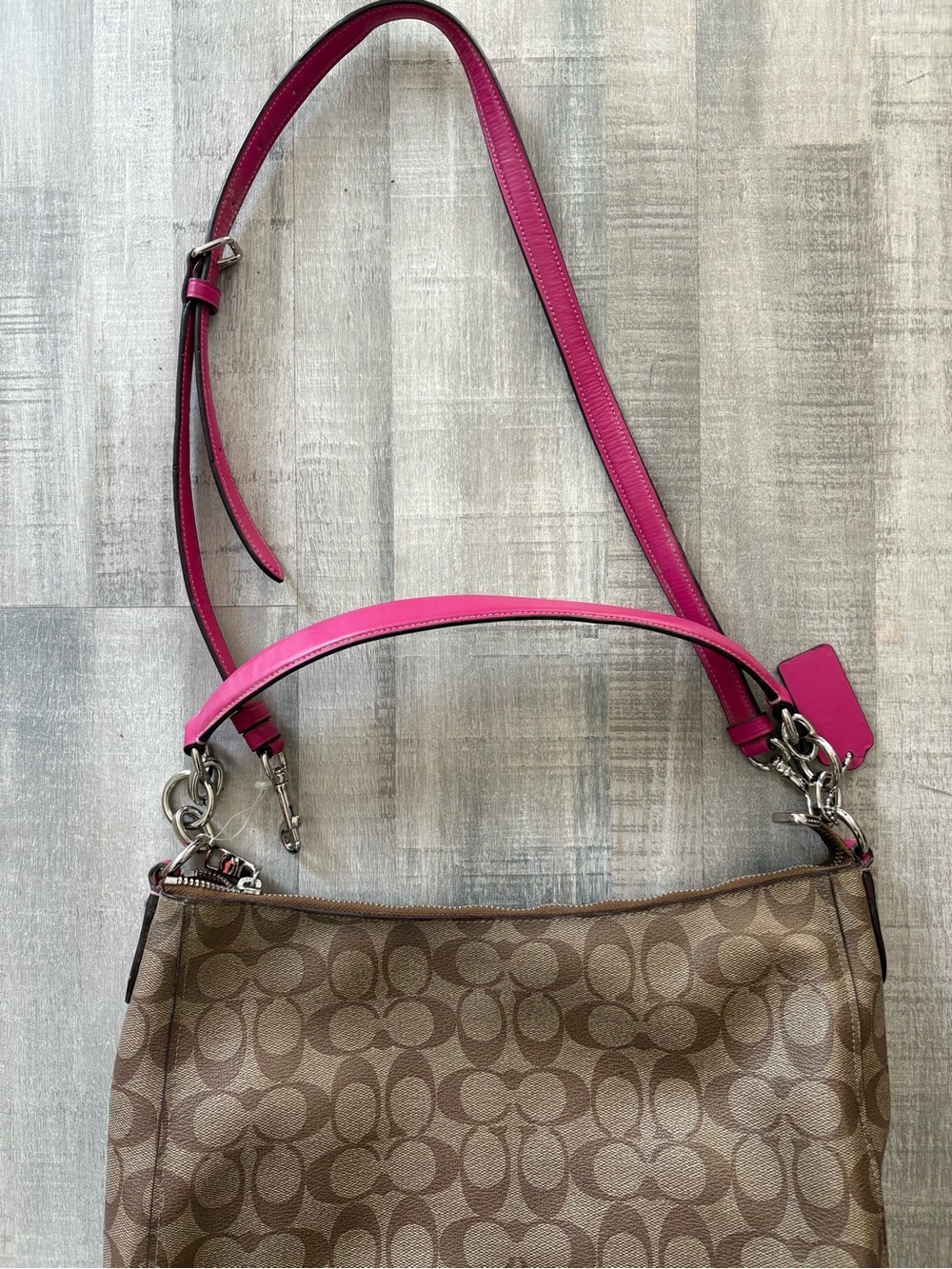 Coach Signature Canvas Hobo Shoulder Bag with Pink Trim - Picture 3 of 10